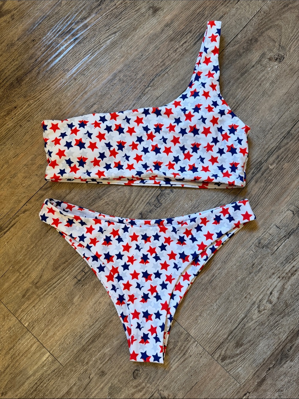 One-Shoulder Stars Print Bikini Set - White with Red & Blue Stars